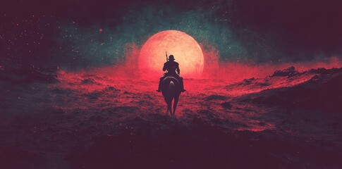 Fototapeta premium A lone rider on horseback beneath a radiant crimson sun
