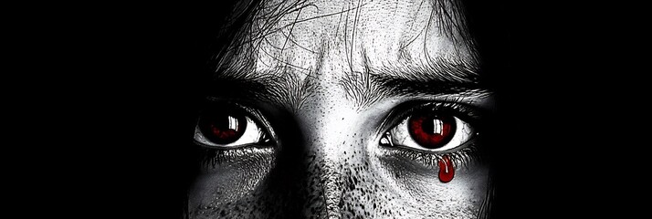 Naklejka premium Monochrome human face with only a bright red tear in color symbolizing deep emotion