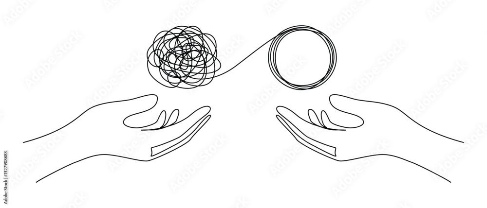 Poster Continuous one line drawing of mental health concept. Chaotically tangled line and untied knot in form of circle. Unravels bad mental health. Doodle Vector illustration