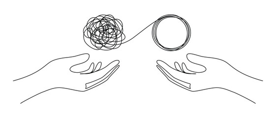 Continuous one line drawing of mental health concept. Chaotically tangled line and untied knot in form of circle. Unravels bad mental health. Doodle Vector illustration