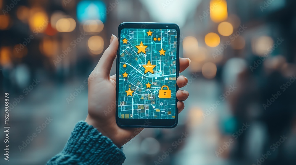 Poster smartphone navigation in urban setting, a person holds a smartphone displaying a map with digital ic