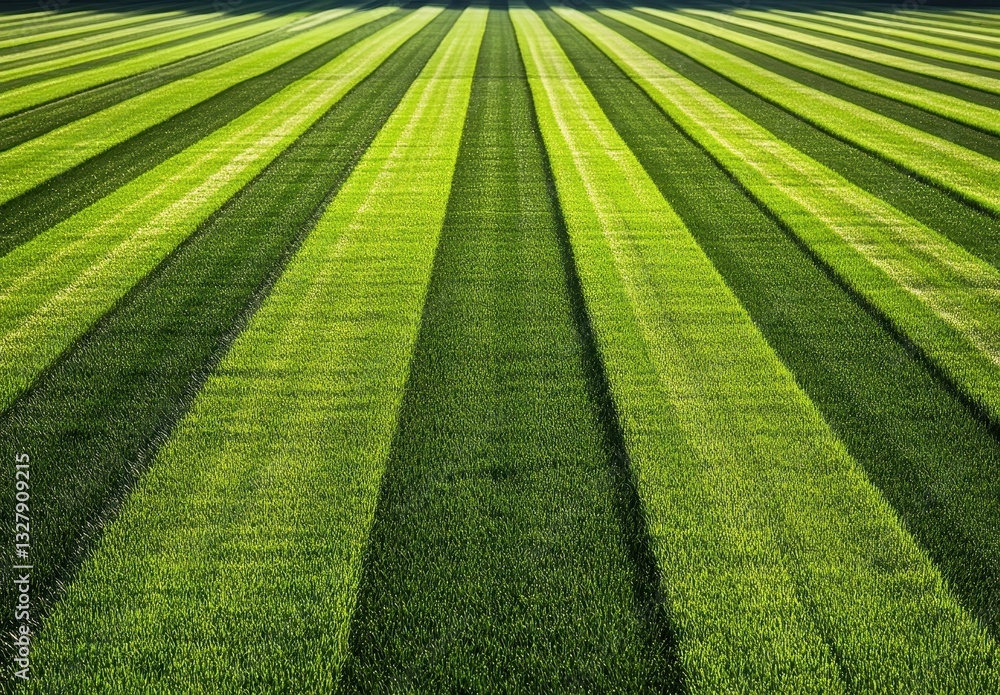 Poster lush green grass field with alternating light and shadow patterns in a symmetrical arrangement creat