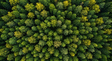 Naklejka premium An aerial view of a vibrant forest with rich green and yellow foliage, showcasing nature's beauty and promoting eco-tourism and outdoor activities. A true scene of tranquility and biodiversity.