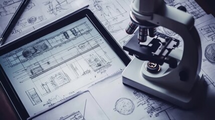 Microscope on blueprints examining designs near a tablet, top view