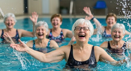 A joyful group of elderly women enjoys water aerobics in a bright indoor pool, laughing and splashing, showcasing community spirit and promoting fitness among seniors.