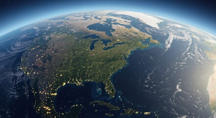 A breathtaking view of North America from space at night, highlighting illuminated cities, diverse landscapes of forests and mountains, and the surrounding vast ocean.