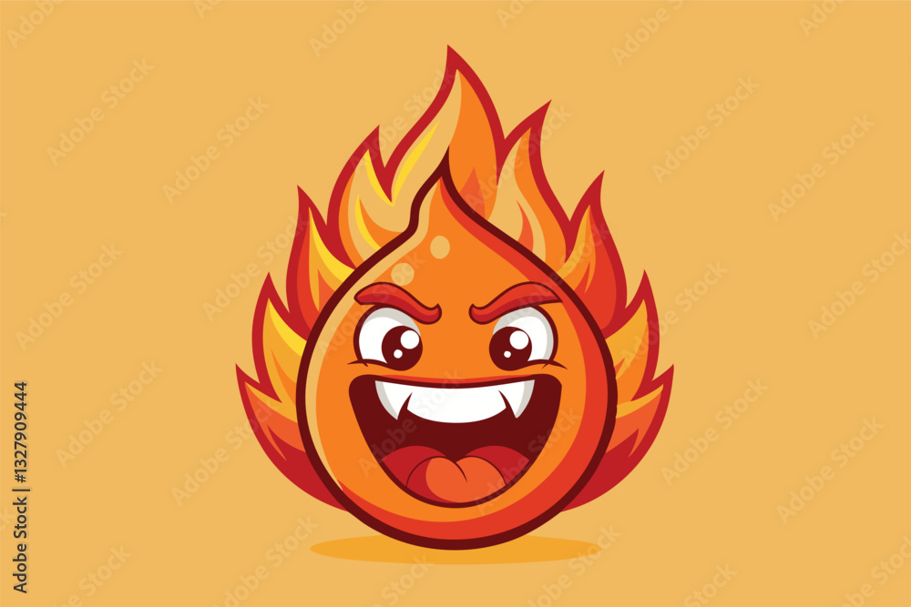 Poster Cheerful flaming character with expressive face and playful grin showcases vector art style for creative projects