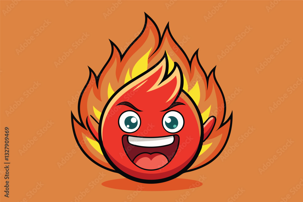 Poster Cheerful flaming character with expressive face and playful grin showcases vector art style for creative projects