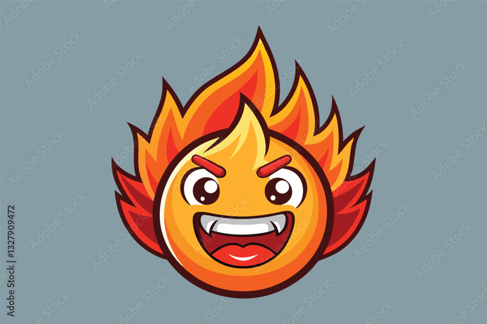 Poster Cheerful flaming character with expressive face and playful grin showcases vector art style for creative projects