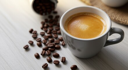 A steaming cup of freshly brewed coffee sits beside scattered coffee beans on a light wooden surface. The warm color of the coffee invites a sense of comfort and relaxation, perfect for coffee lovers.