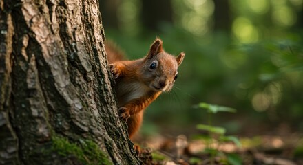 A curious squirrel peeks around a textured tree trunk in a lush forest. Sunlight filters through leaves, creating a serene atmosphere with soft bokeh in the background.