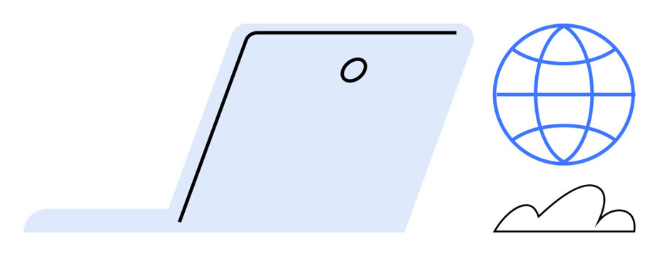 Open laptop next to a globe icon and a cloud. Ideal for technology, communication, remote work, data storage, web services, online education, and global access. Flat simple metaphor