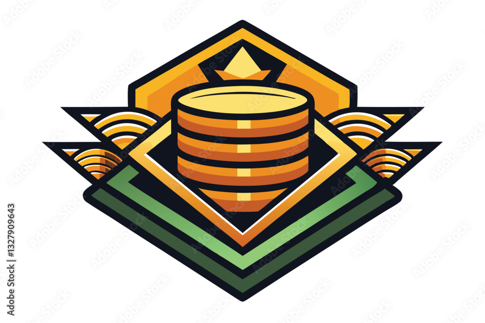 Aufkleber Vector illustration of a stylized coin stack emblem designed with geometric shapes, featuring bold colors and dynamic lines
