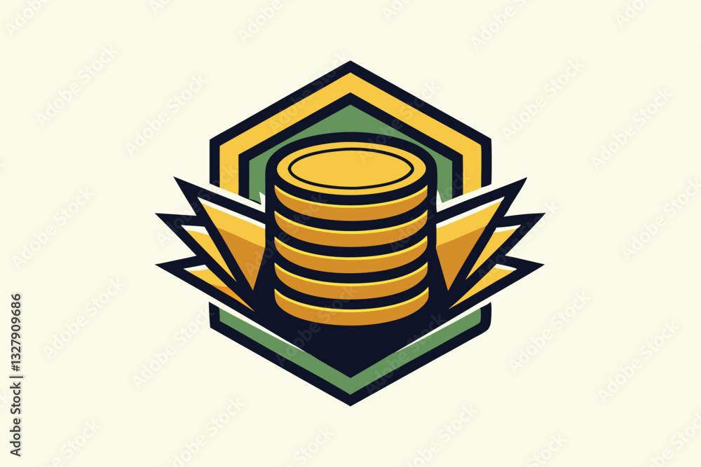 Aufkleber Vector illustration of a stylized coin stack emblem designed with geometric shapes, featuring bold colors and dynamic lines
