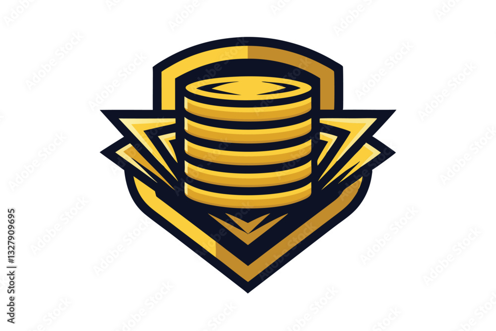 Poster Vector illustration of a stylized coin stack emblem designed with geometric shapes, featuring bold colors and dynamic lines