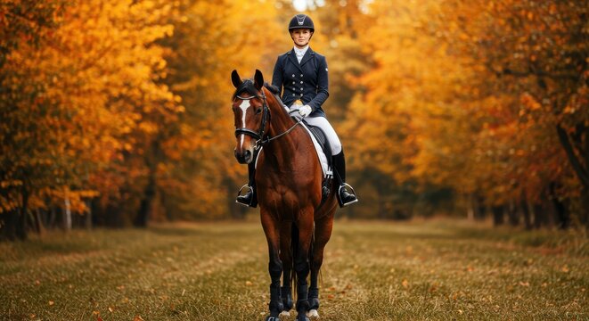 A rider poses elegantly on a brown horse amidst a stunning autumn landscape of vibrant orange and yellow foliage, capturing the beauty of equestrianism in nature.