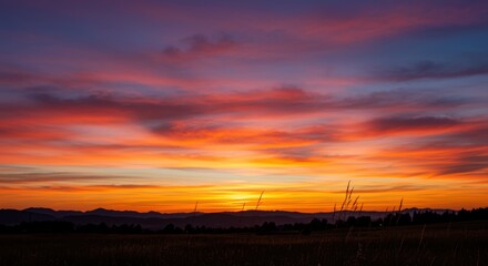 Naklejka premium A breathtaking sunset over rolling hills, showcasing vibrant orange, pink, and purple hues. Distant mountain silhouettes add drama to this tranquil nature scene.
