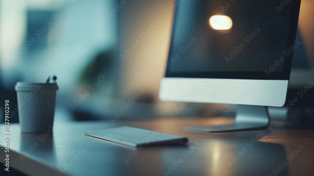 Poster modern minimalist workspace: computer desk with keyboard and cup