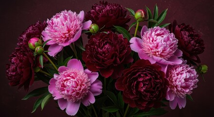 A vibrant display of peonies in rich pink and deep red hues, enhanced by green buds and leaves, ideal for celebrations or beautiful home decor.