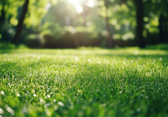 Naklejka premium Lush Green Grass Landscape Bathed in Soft Sunlight with Blurred Background of Trees and Nature Revealing the Beauty of a Peaceful Outdoor Scene