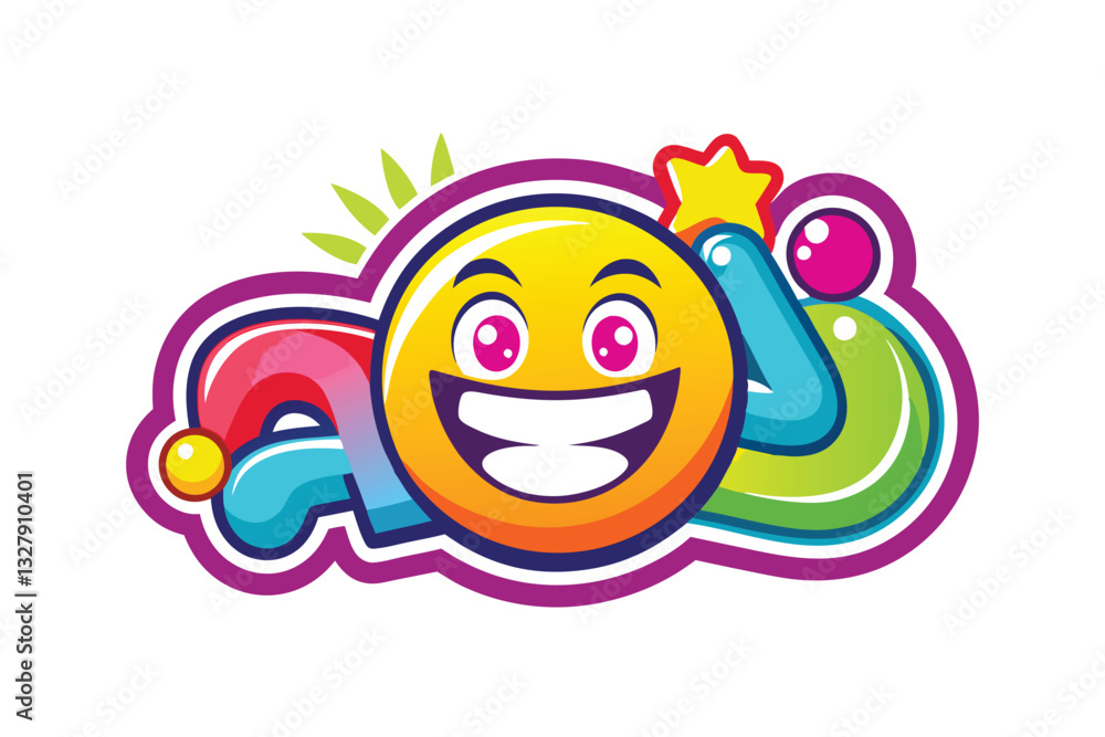 Poster Cheerful and vibrant cartoon character illustration with colorful design and playful elements surrounded by leaves and a star at the top