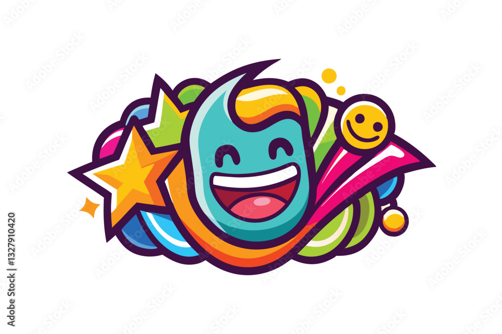 Poster cheerful and vibrant cartoon character illustration with colorful design and playful elements surrou