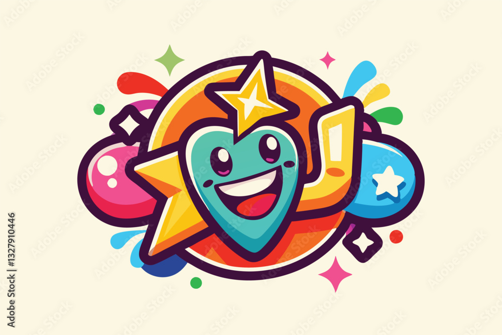 Poster cheerful and vibrant cartoon character illustration with colorful design and playful elements surrou