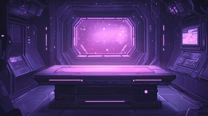 Futuristic purple space interior with control panels.