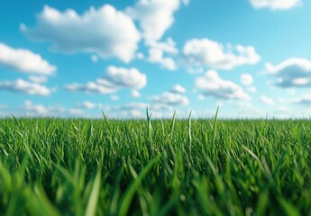 Fototapeta premium Lush Green Grass Under Bright Blue Skies with Fluffy White Clouds in a Vibrant Natural Landscape Scene