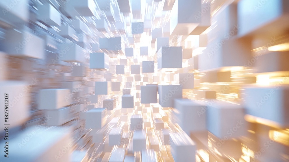 Poster abstract 3d rendering of white cubes and golden light in a tunnel