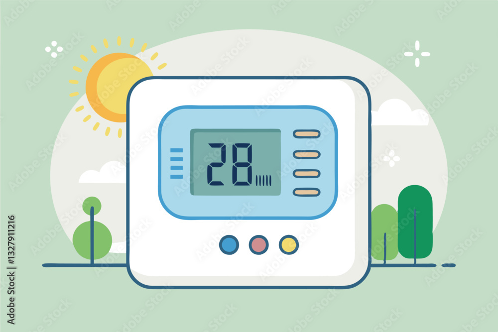 Poster digital thermostat control panel displaying temperature settings and icons in a modern design for ho