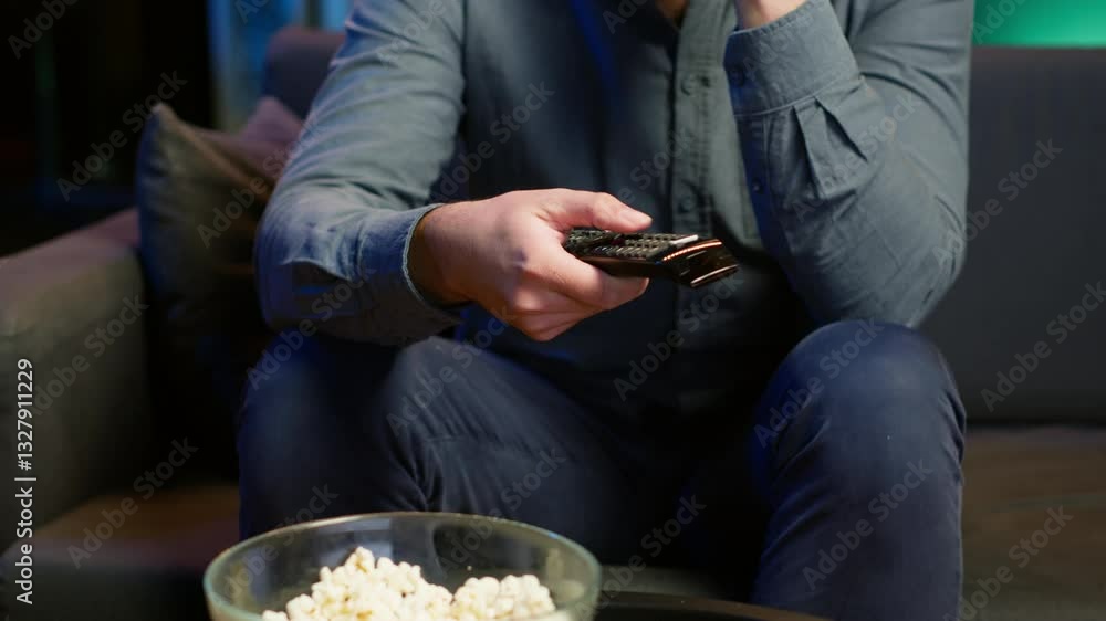 Aufkleber close up of man on couch using remote control to browse though movies available on streaming service