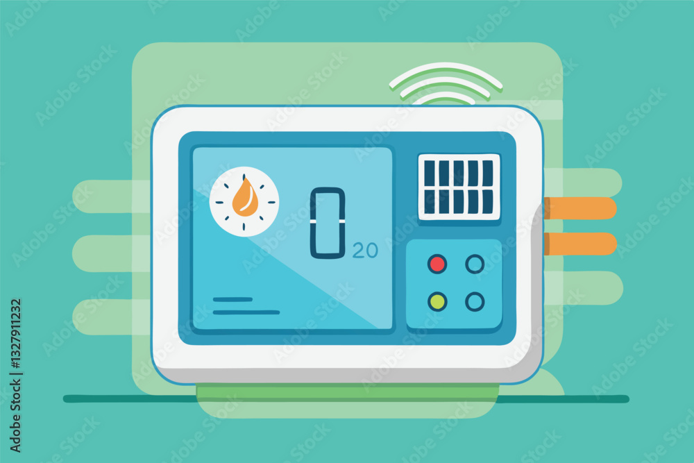 Poster digital thermostat control panel displaying temperature settings and icons in a modern design for ho