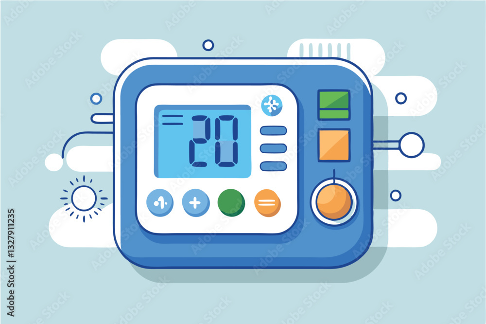 Poster digital thermostat control panel displaying temperature settings and icons in a modern design for ho