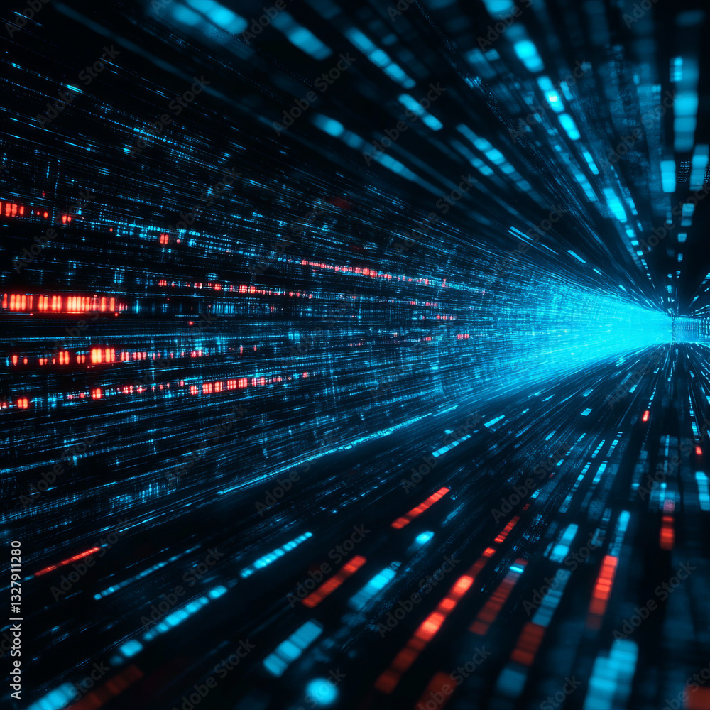 Poster futuristic digital tunnel with glowing blue and red data streams in motion
