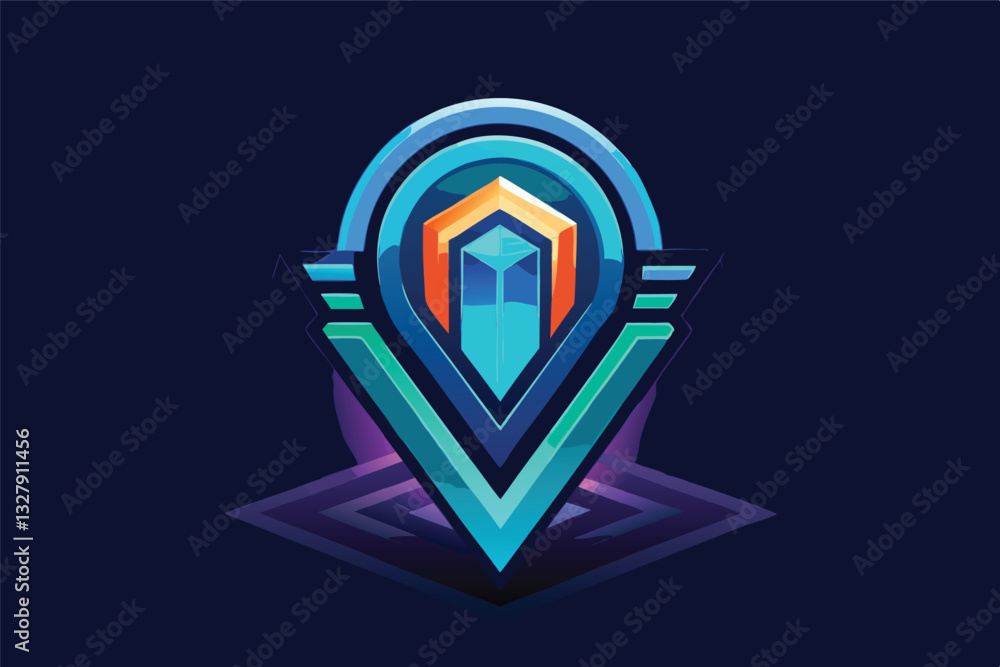 Poster stylized blue vector logo with geometric shapes representing technology and innovation in a modern d