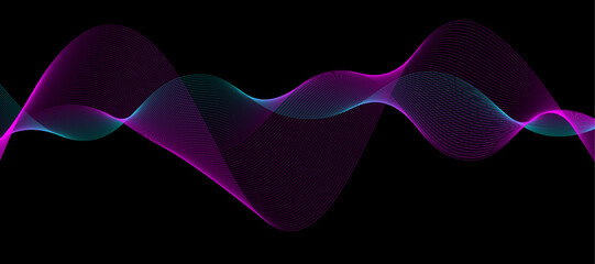 Abstract wave line background with smooth gradient. Beautiful wavy gradient line on a black background. Vector abstract glowing wave lines on dark background.  banner, brochure, cover, website, flyer