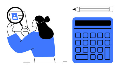 Woman analyzing user profile under magnifying glass, calculator nearby and pencil for notes. Ideal for recruitment, HR, research, data, planning, business focus. Flat simple metaphor