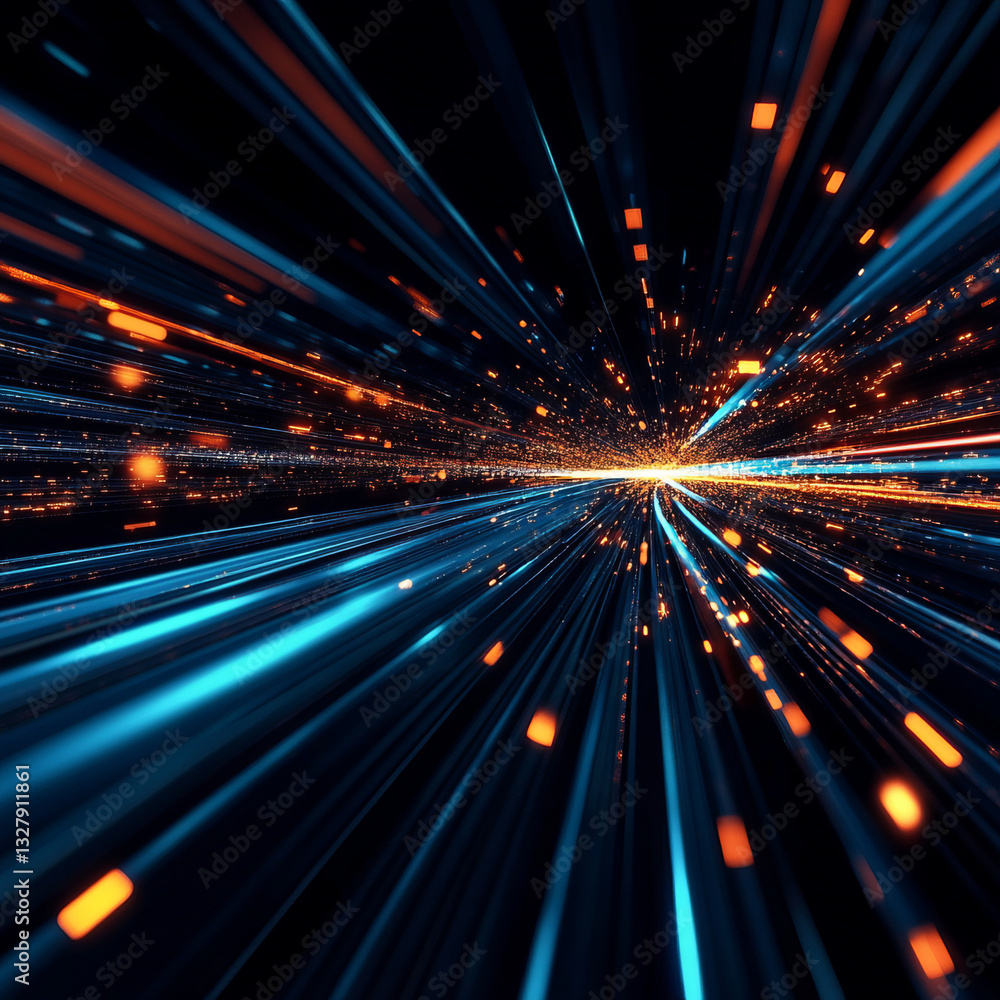 Poster dynamic convergence of blue and orange light streaks representing speed and data flow