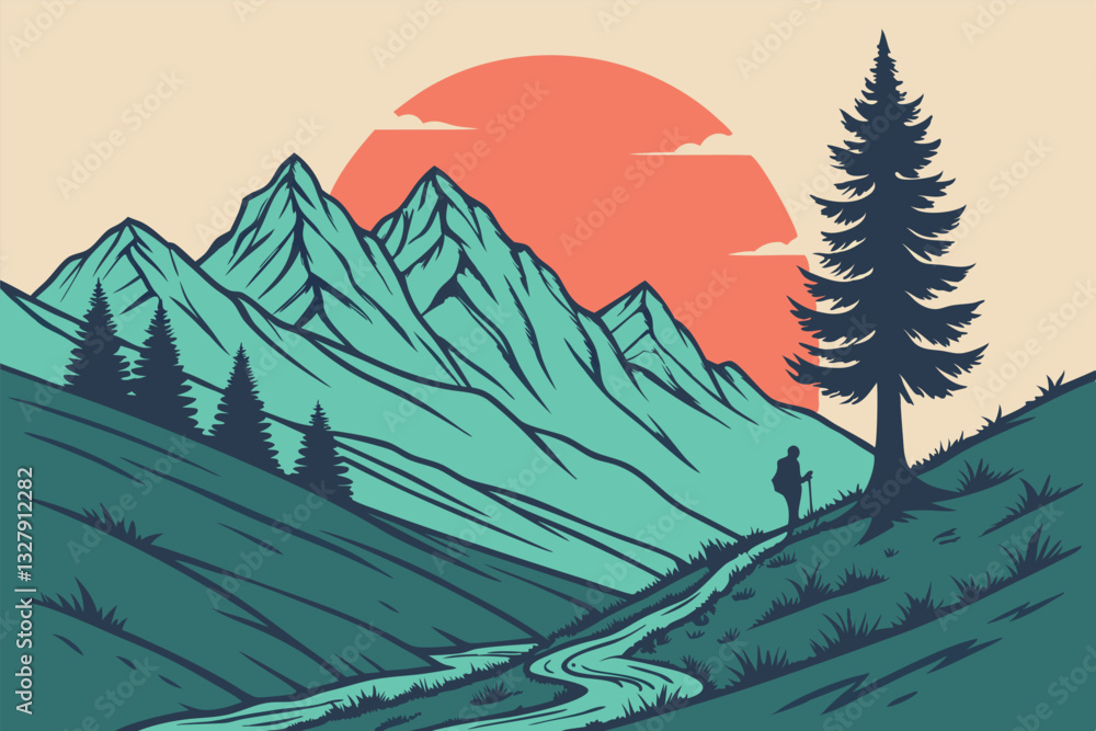Poster exploration during sunset in a tranquil mountain landscape with a winding path and tall trees inviti