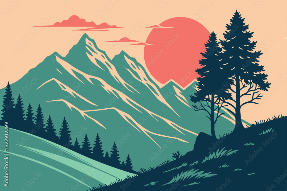 Poster exploration during sunset in a tranquil mountain landscape with a winding path and tall trees inviti