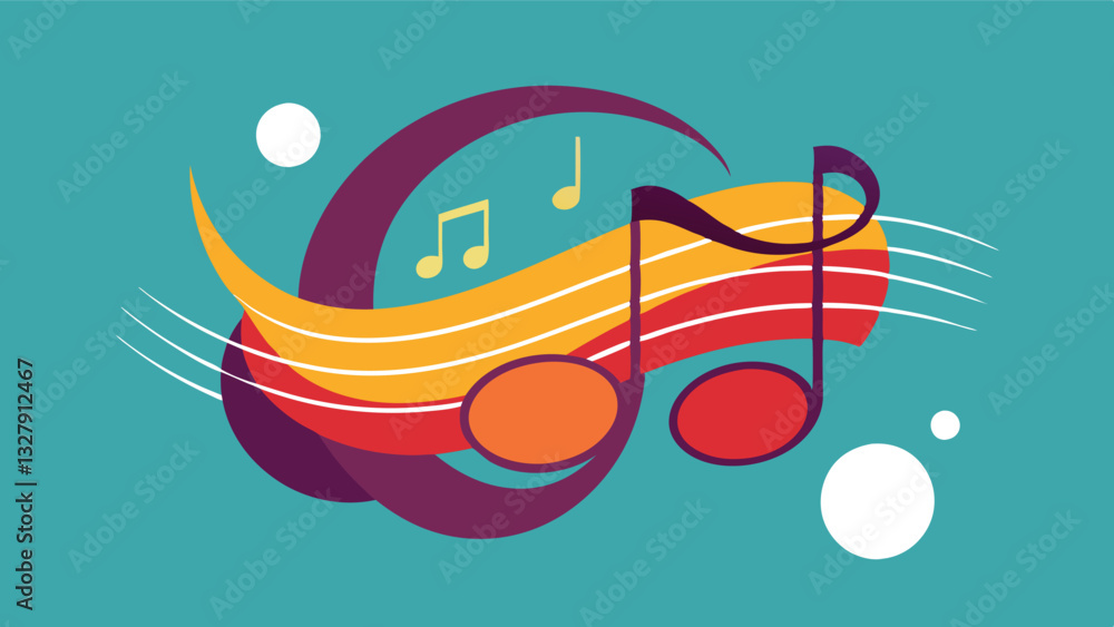 Poster happy colorful character dancing with musical notes on vibrant striped background