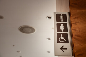 Indoor directional sign pointing towards restroom facilities, indicating male, female, and disabled...
