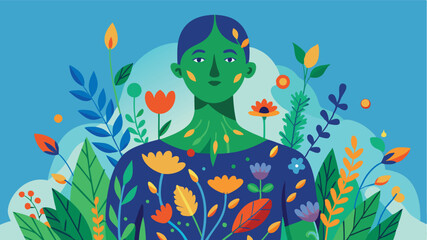 Naklejka premium Vibrant illustration of a person surrounded by flowers and greenery in a colorful vector design that embodies nature and tranquility