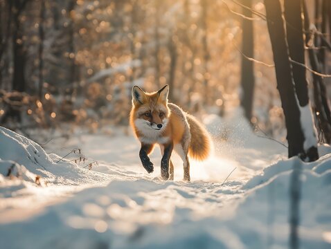 red fox running in snowy forest, sunlight, winter scene, dynamic pose