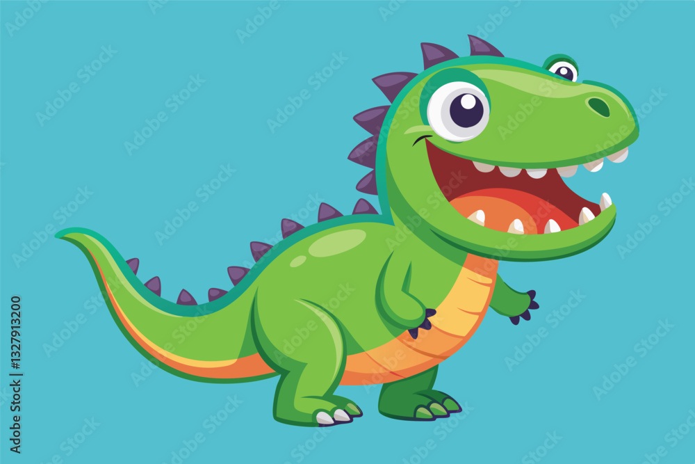 Poster cute cartoon dinosaur character with a big smile on a light blue background in a playful pose showca