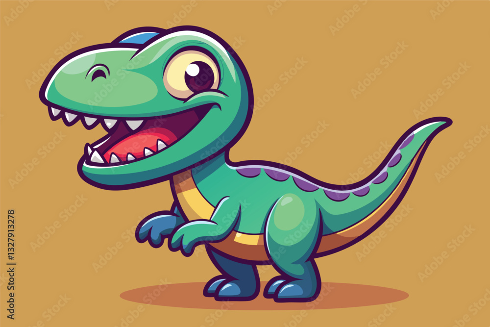 Poster cute cartoon dinosaur character with a big smile on a light blue background in a playful pose showca
