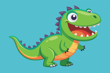 Fototapeta premium Cute cartoon dinosaur character with a big smile on a light blue background in a playful pose showcasing vibrant colors and joyful expression