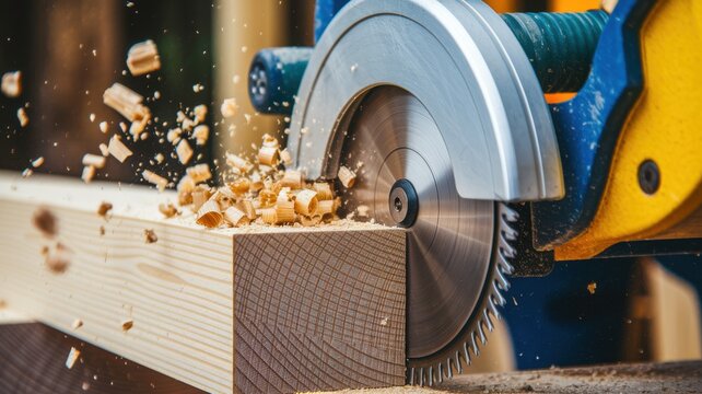 Circular saw cutting wooden plank, wood chips flying everywhere. - Powered by Adobe