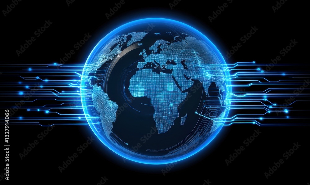 Poster digital globe with blue circuit board lines and data flowing from it, representing global connectivi